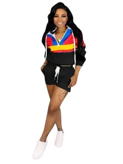 Two Pieces Color Block Windbreaker Shorts Set