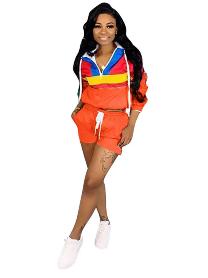 Two Pieces Color Block Windbreaker Shorts Set