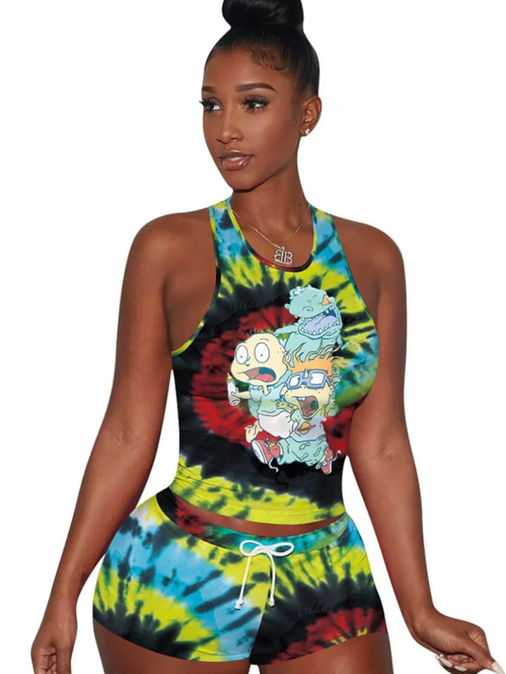 Two Pieces Colorful Tie Dye Cartoon shorts Set