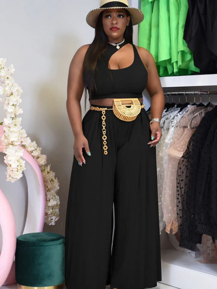 Two Pieces Cut Out Sleeveless Crop Top Wide Leg Pants