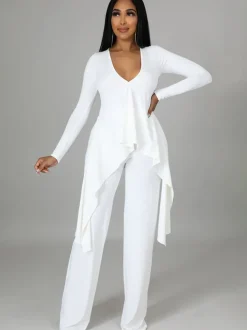 Two Pieces Irregular Lace Up V Neck Top Long Pants