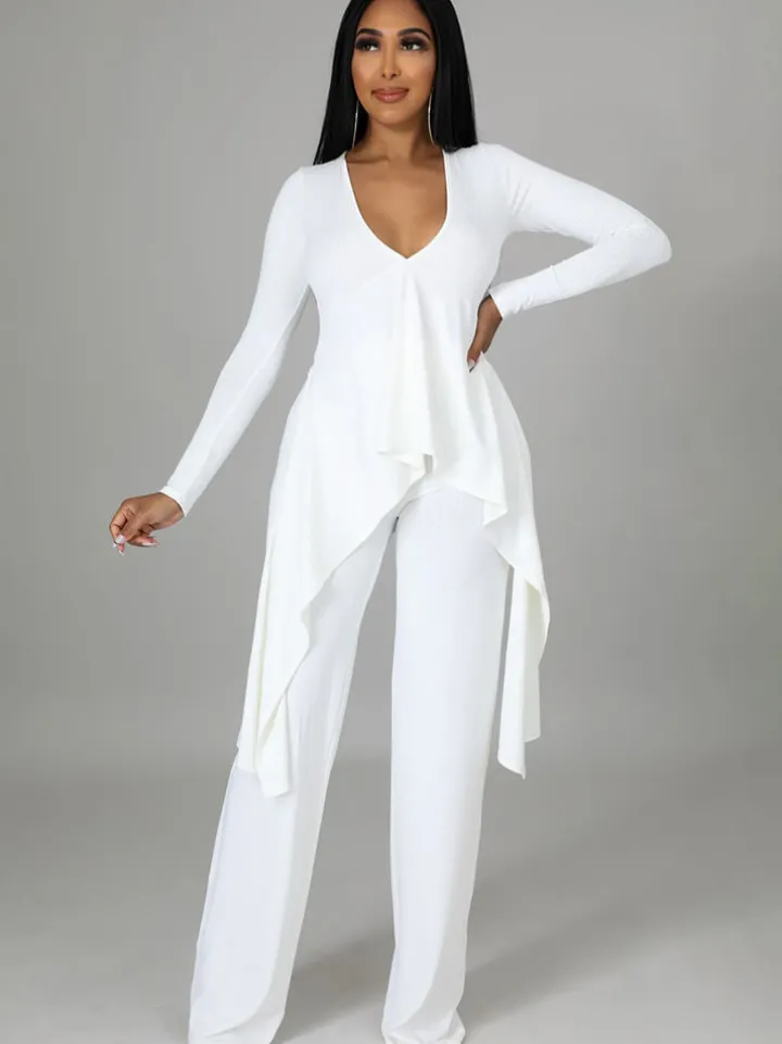 Two Pieces Irregular Lace Up V Neck Top Long Pants