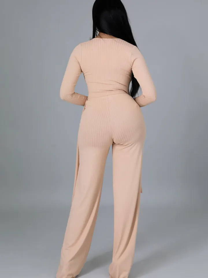 Two Pieces Irregular Lace Up V Neck Top Long Pants