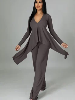 Two Pieces Irregular Lace Up V Neck Top Long Pants