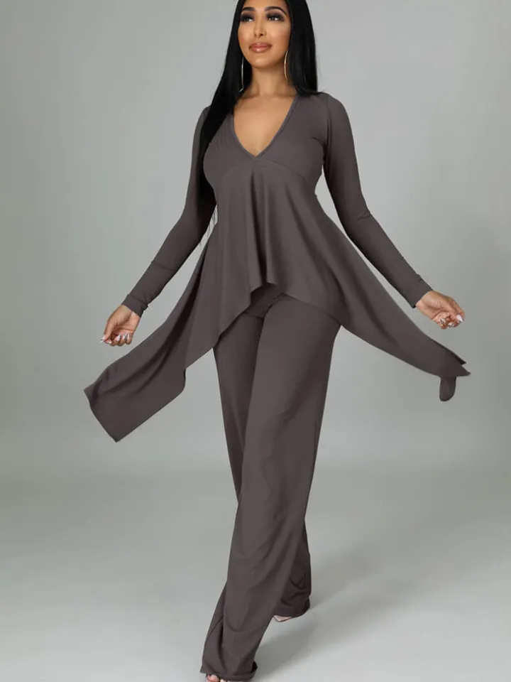 Two Pieces Irregular Lace Up V Neck Top Long Pants