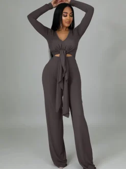 Two Pieces Irregular Lace Up V Neck Top Long Pants