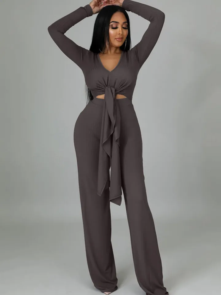 Two Pieces Irregular Lace Up V Neck Top Long Pants