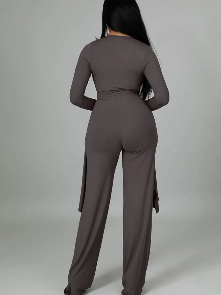 Two Pieces Irregular Lace Up V Neck Top Long Pants