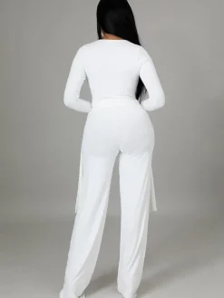 Two Pieces Irregular Lace Up V Neck Top Long Pants