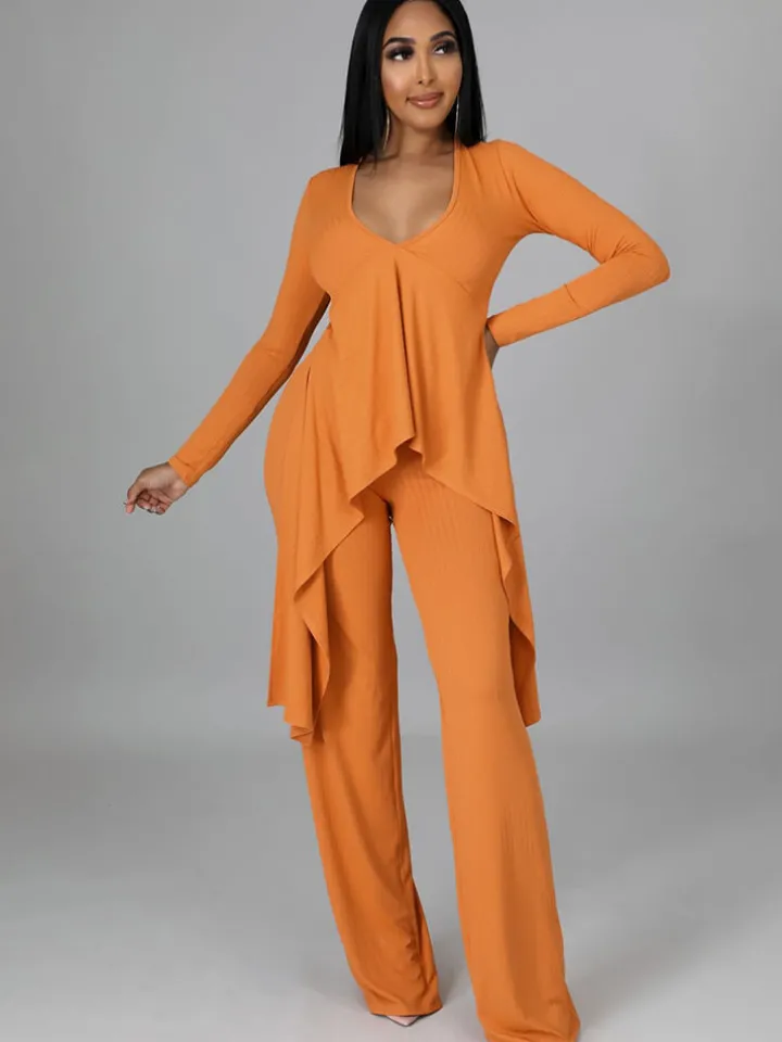 Two Pieces Irregular Lace Up V Neck Top Long Pants