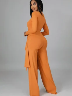 Two Pieces Irregular Lace Up V Neck Top Long Pants