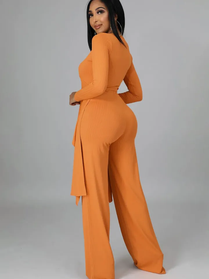 Two Pieces Irregular Lace Up V Neck Top Long Pants