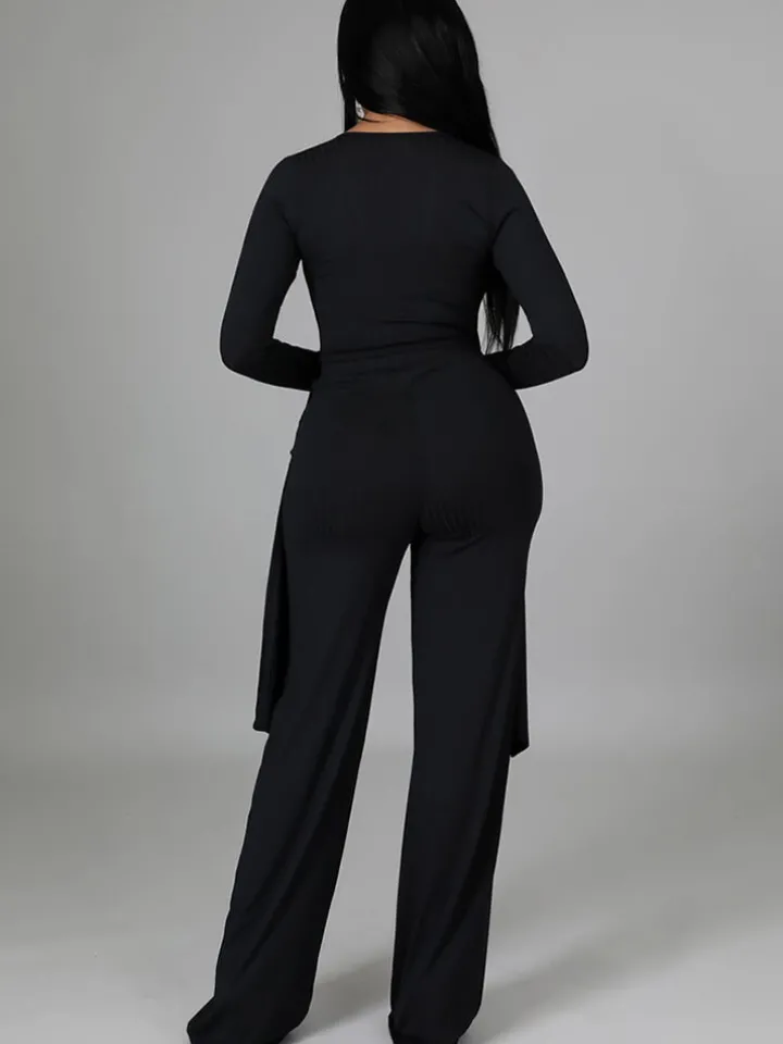 Two Pieces Irregular Lace Up V Neck Top Long Pants