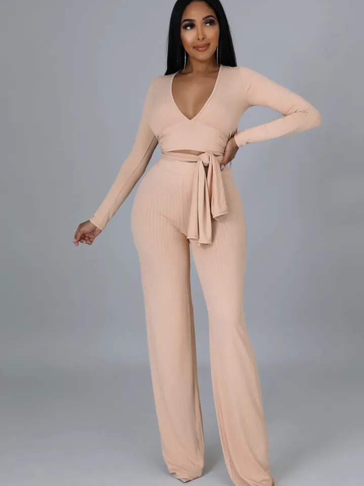 Two Pieces Irregular Lace Up V Neck Top Long Pants