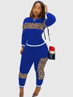 Two Pieces Leopard Camouflage Print Patchwork Sweatsuits