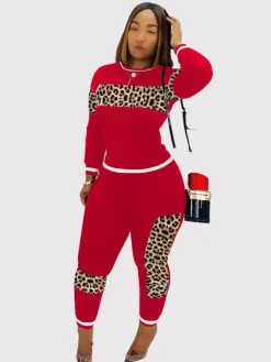 Two Pieces Leopard Camouflage Print Patchwork Sweatsuits