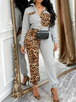 Two Pieces Leopard Patchwork Pants Set