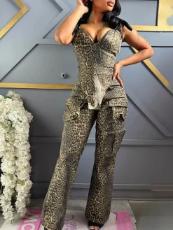 Two Pieces Print Lace-Up Cargo Pants Set