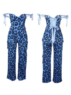 Two Pieces Print Lace-Up Cargo Pants Set