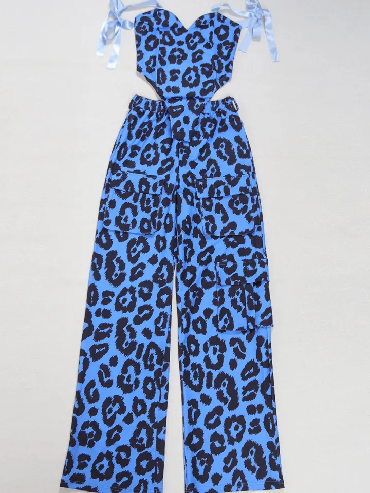 Two Pieces Print Lace-Up Cargo Pants Set