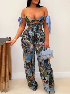 Two Pieces Print Lace-Up Cargo Pants Set