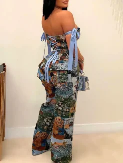 Two Pieces Print Lace-Up Cargo Pants Set