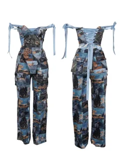 Two Pieces Print Lace-Up Cargo Pants Set