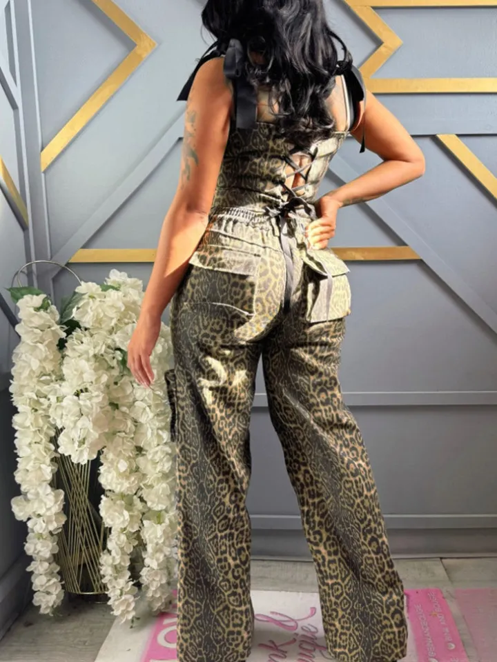 Two Pieces Print Lace-Up Cargo Pants Set