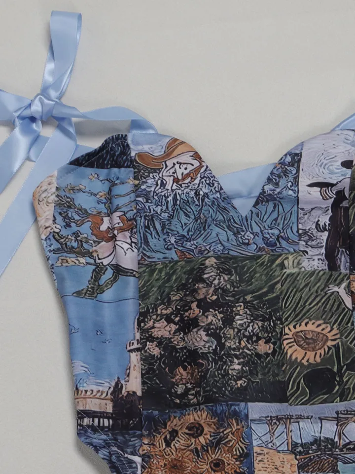 Two Pieces Print Lace-Up Cargo Pants Set