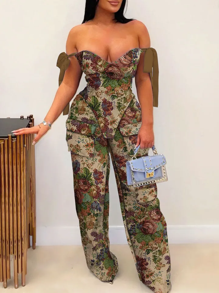 Two Pieces Print Lace-Up Cargo Pants Set