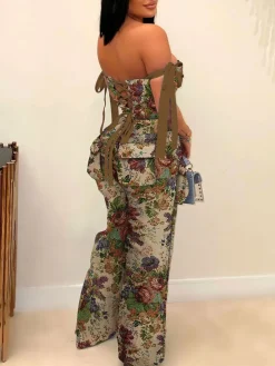 Two Pieces Print Lace-Up Cargo Pants Set