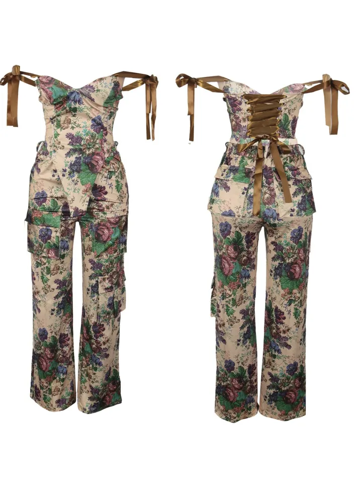 Two Pieces Print Lace-Up Cargo Pants Set