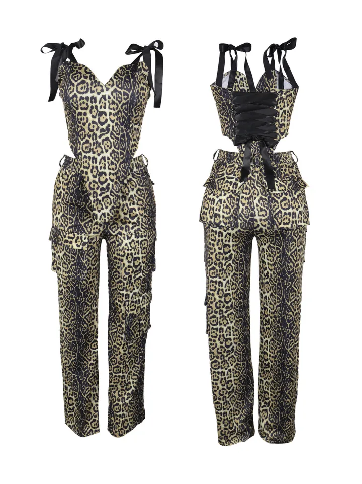 Two Pieces Print Lace-Up Cargo Pants Set