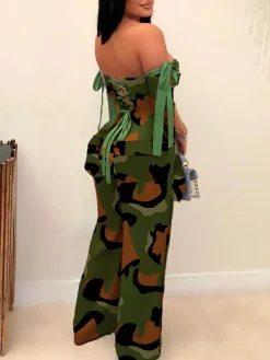 Two Pieces Print Lace-Up Cargo Pants Set