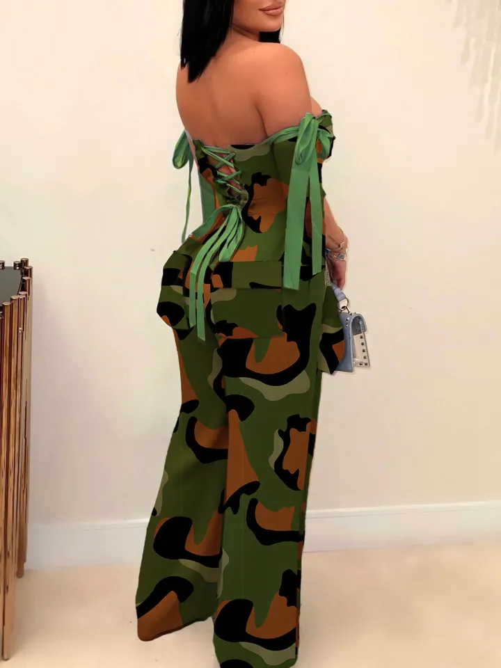 Two Pieces Print Lace-Up Cargo Pants Set