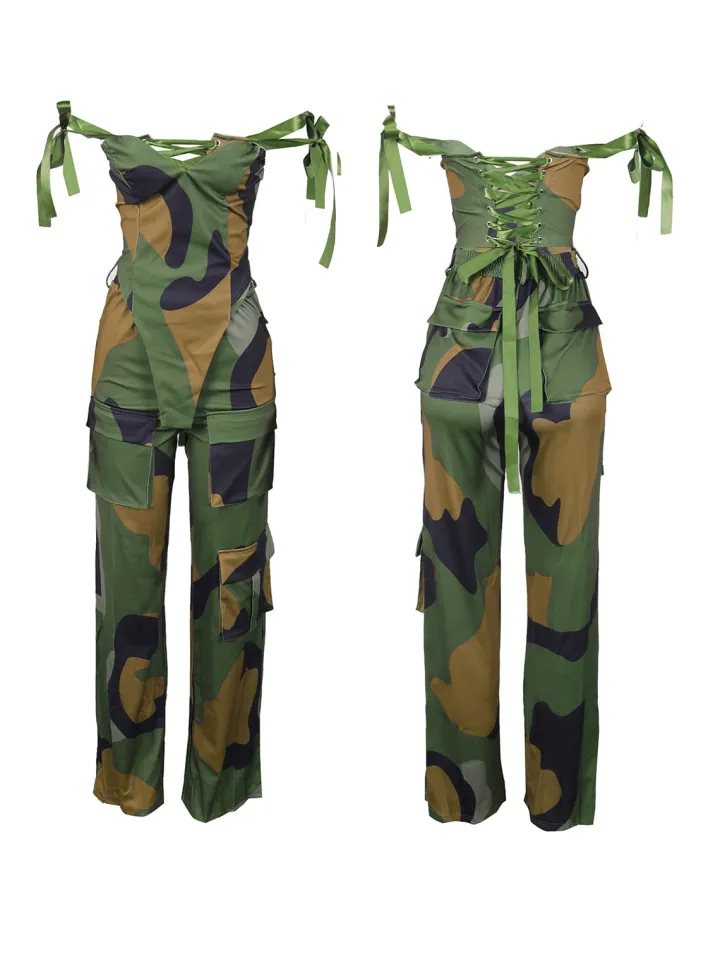 Two Pieces Print Lace-Up Cargo Pants Set