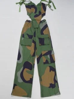 Two Pieces Print Lace-Up Cargo Pants Set