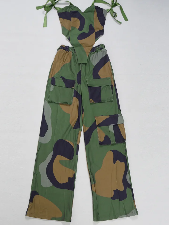 Two Pieces Print Lace-Up Cargo Pants Set