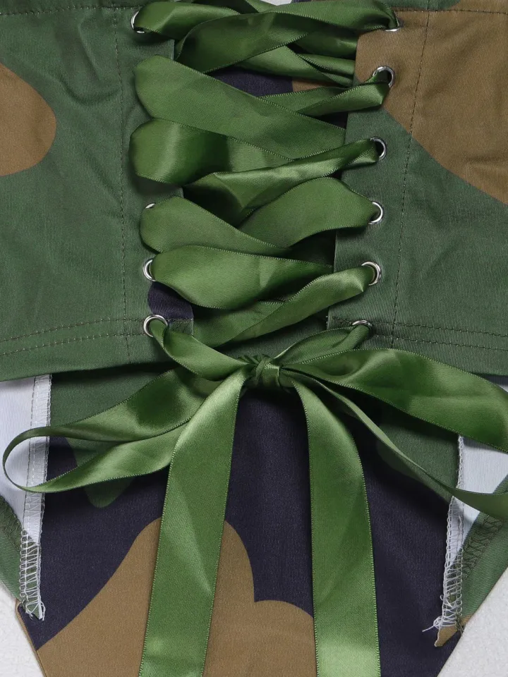 Two Pieces Print Lace-Up Cargo Pants Set