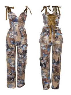 Two Pieces Print Lace-Up Cargo Pants Set