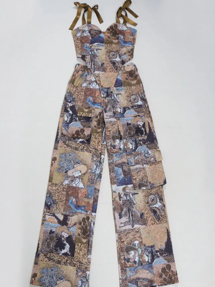 Two Pieces Print Lace-Up Cargo Pants Set