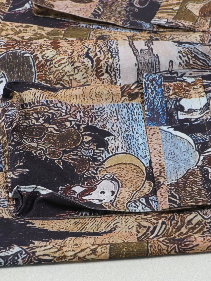 Two Pieces Print Lace-Up Cargo Pants Set