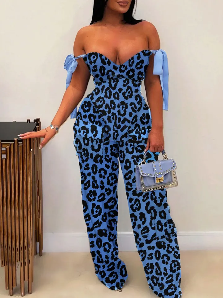 Two Pieces Print Lace-Up Cargo Pants Set