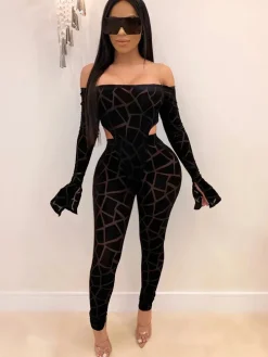 Two Pieces Printed Off Shoulder Jumpsuit Bodycon Pants