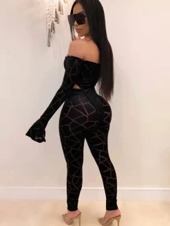 Two Pieces Printed Off Shoulder Jumpsuit Bodycon Pants