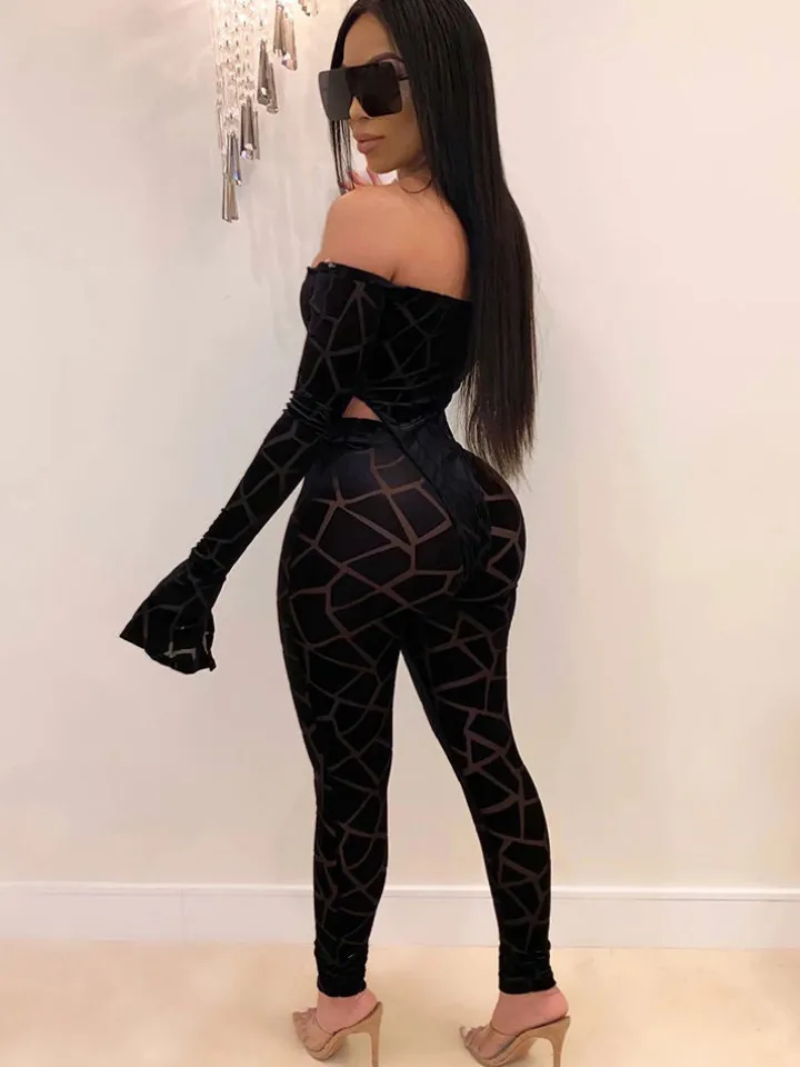 Two Pieces Printed Off Shoulder Jumpsuit Bodycon Pants