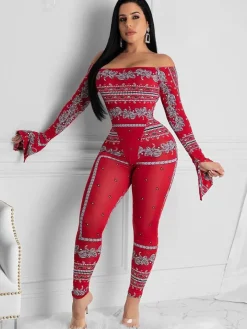 Two Pieces Printed Off Shoulder Jumpsuit Bodycon Pants