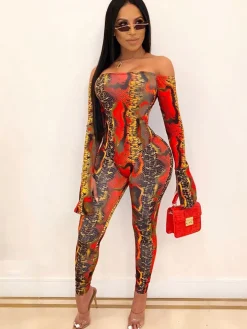 Two Pieces Printed Off Shoulder Jumpsuit Bodycon Pants