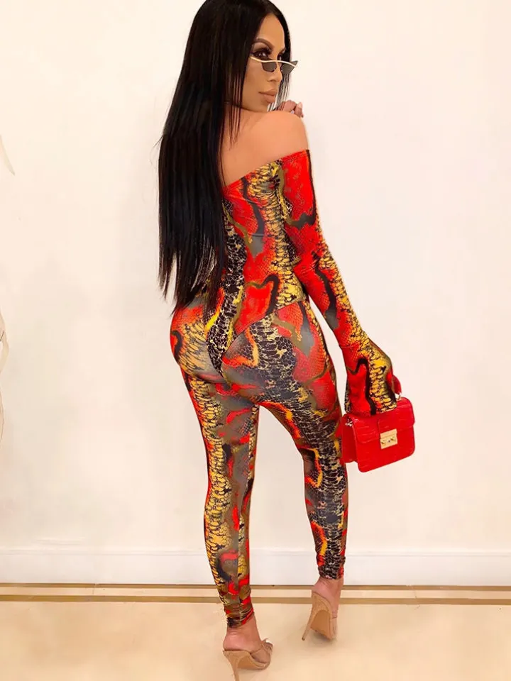 Two Pieces Printed Off Shoulder Jumpsuit Bodycon Pants