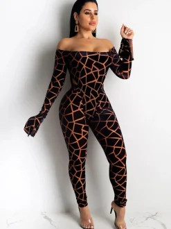 Two Pieces Printed Off Shoulder Jumpsuit Bodycon Pants
